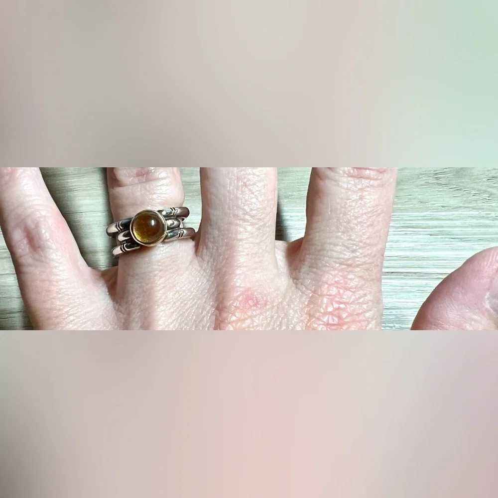 Designer Hallmarked M Sterling Silver & 18K Gold Bezel Set Citrine Ring, Size 6